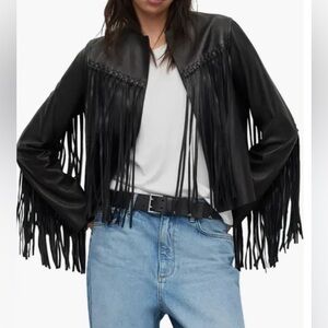 All Saints Black Leather Fringe Jacket